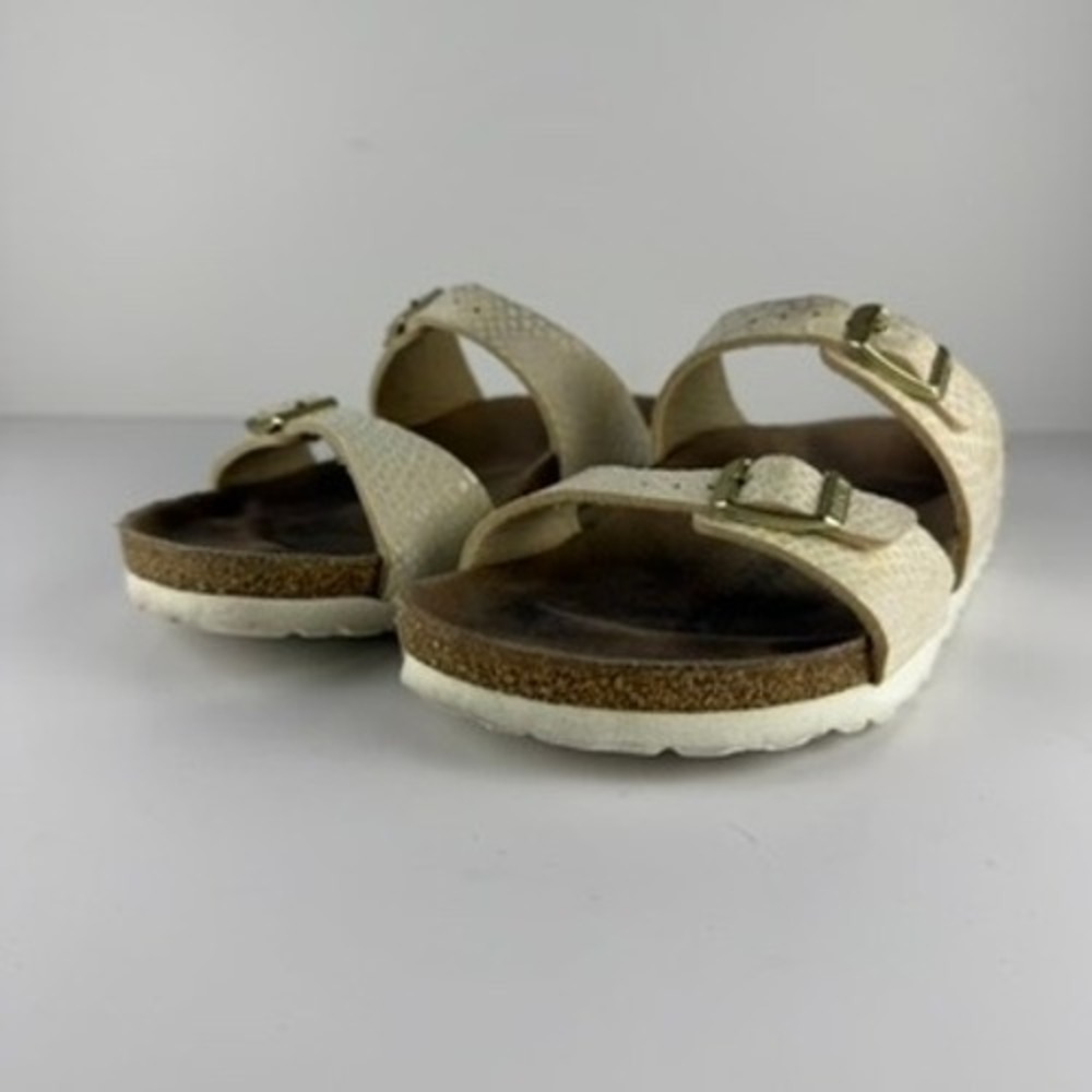 Birkenstock 36 Sydney Birko-Flor TwoStrap Sandals Snake Cream Leather Shine - Picture 2 of 12